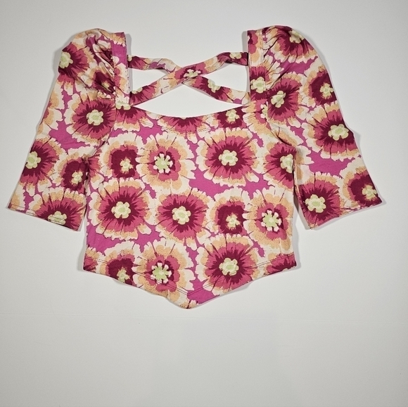 Free People Give Me More Pink Multi Floral Half Sleeve Crop Top Pop Combo Medium - Picture 7 of 14